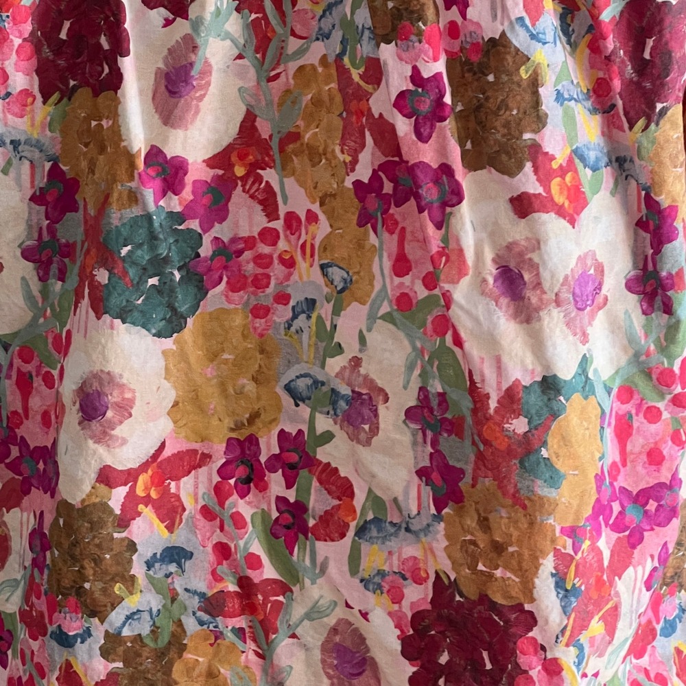 Floral Puff Sleeve Blouse Womens Large Pink Cotton Babydoll V-Neck Top Cottage - Picture 8 of 9